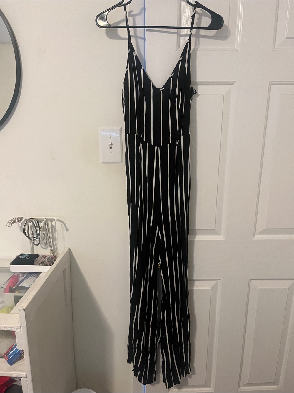 Forever 21 Black and White Vertical Stripe Spaghetti Strap Jumpsuit